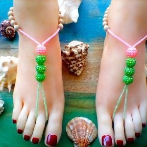 Pink Green Wood Barefoot Sandals